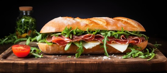 Aufkleber - Delicious prosciutto and basil sandwich displayed on a rustic wooden board with ample copy space for an enticing image