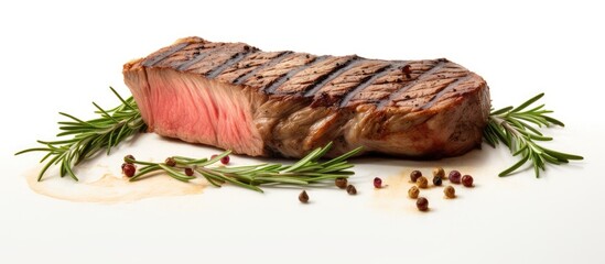 Aufkleber - A slice of grilled juicy beef and pork steak placed on a white background with room for other elements in the image. Creative banner. Copyspace image