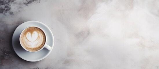 Poster - A top down view of a steaming cup of coffee placed on a marble table along with a handmade coffee cup and a beautiful arrangement. Creative banner. Copyspace image