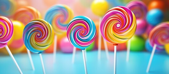 Poster - Colorful spiral lollipops placed against vibrant backgrounds leaving empty space for images. Creative banner. Copyspace image