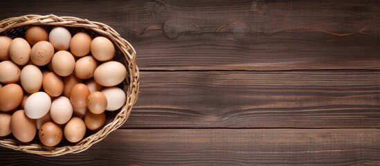 Aufkleber - Top view of a wooden table with a wicker basket containing raw chicken eggs Plenty of space available for adding text. Creative banner. Copyspace image