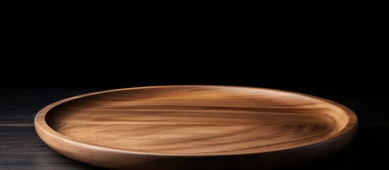 Poster - Copy space image of a wooden plate void of any food placed against a backdrop of pure black