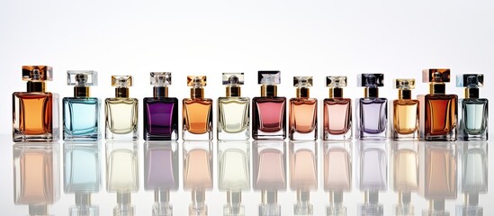 Poster - Premium collection of perfume bottles showcased on a white background with a reflective surface creating a copy space image