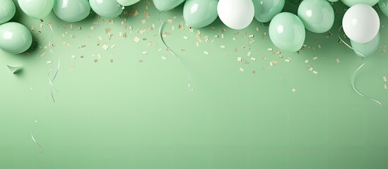 Poster - Top View of a festively decorated pastel green background with birthday balloons confetti ribbons and plenty of copy space for an image