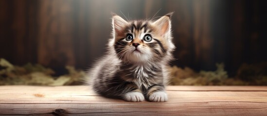 Poster - A cute kitten sitting and meowing on a rustic plank floor surrounded by a backdrop of trees creates an inviting copy space image