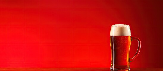 Poster - Copy space image of a bottle and beer mug placed on a vibrant red background
