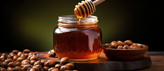 Aufkleber - A honey jar being emptied using a wooden spoon revealing a delightful arrangement of hazelnuts ready for consumption Copy space image