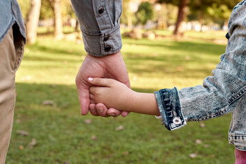 Sticker - Child, parent and holding hands in nature or back, childhood development and growth with love for girl. Parenting, walking and park for relationship on vacation, people bonding and caring father