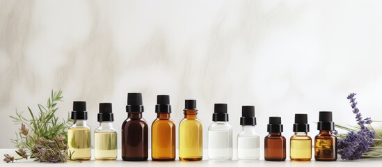 Aufkleber - Copy space image featuring a composition of essential oil bottles on a light background
