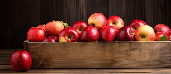 Poster - A box filled with ripe apples sits on a rustic wooden background providing ample copy space
