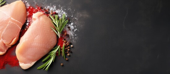 Aufkleber - Top view of raw uncooked chicken breasts with cooking ingredients on a grey concrete background A perfect copy space image