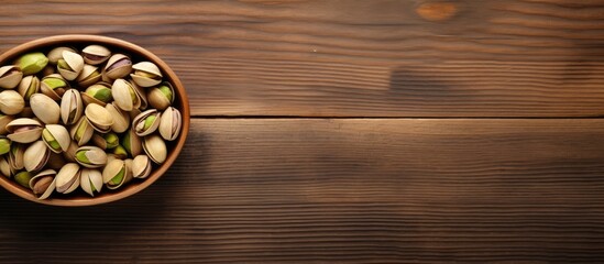 Aufkleber - A bowl of organic pistachio nuts resting on a wooden table arranged in a flat lay composition providing ample space for text placement