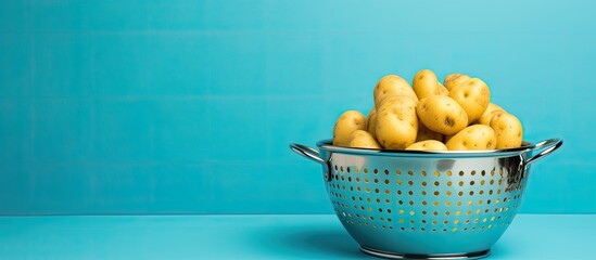 Poster - Copy space image of a colander with a raw potato on a bright background