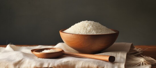 Poster - A photo of food ingredients featuring a wooden bowl and spoon filled with raw white rice placed on a burlap surface. Creative banner. Copyspace image