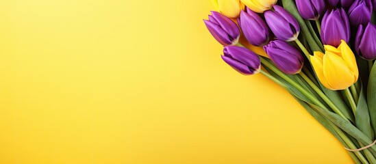 Aufkleber - A copy space image of a vibrant bouquet of purple tulips on a bright yellow background perfect for any occasion