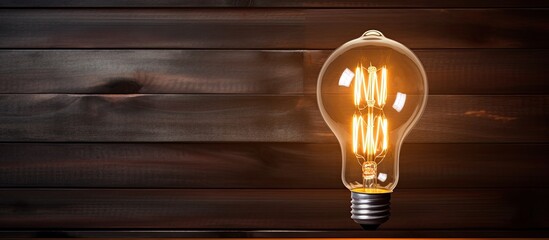 Poster - Copy space image of a light bulb switched off showcasing the concept of energy against a brown wooden backdrop