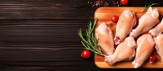 Aufkleber - A top down view of raw chicken legs or drumsticks on a cutting board with sufficient space for text or graphics. Creative banner. Copyspace image