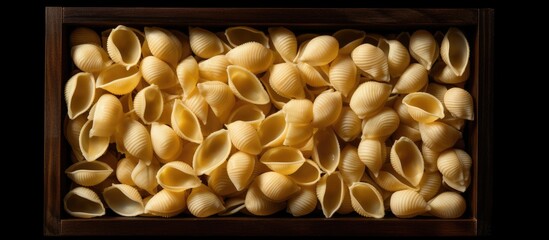 Aufkleber - A close up top view of raw pasta shells arranged in a wooden box against a black wooden backdrop creating a copy space image