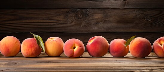 Poster - A copy space image of fresh peaches placed in close proximity on a rustic wooden table