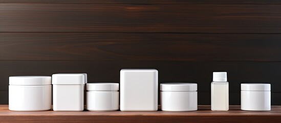 Poster - Clean white plastic containers are arranged on a brown wooden table creating a pristine setting with copy space for a cosmetic package