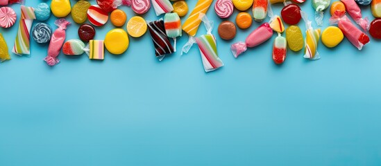 Aufkleber - Top view of colorful candies wrapped in vibrant wrappers set against a light blue backdrop Ample copy space available for text