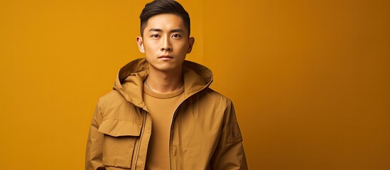 Sticker - A young Asian man striking a pose against a brown backdrop with copy space image