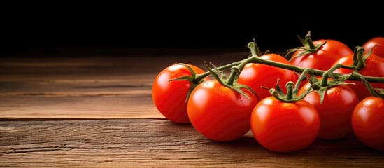 Poster - A copy space image featuring ripe cherry tomatoes resting on a rustic wooden background