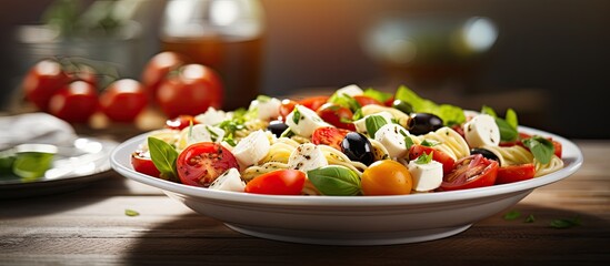 Sticker - Italian food background with a copy space image featuring a pasta salad adorned with mozzarella olives and tomatoes