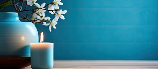 Aufkleber - Spa A serene setting with a flickering candle and a small blue ceramic perfect for relaxation and tranquility copy space image