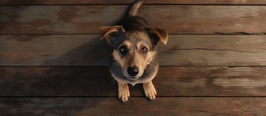 Poster - A cute Chinese rural dog standing on a wooden floor looking at the camera from a high angle view with copy space image