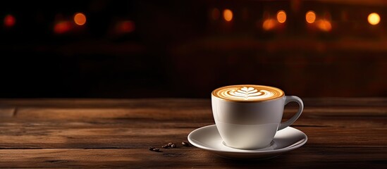 A hot latte or cappuccino made with milk sits on a wooden table against a dark background offering copy space for additional elements