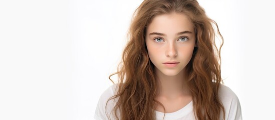 Poster - A teenager girl is depicted in a beautiful portrait against a white background providing ample copy space within the image
