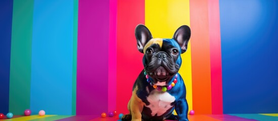 Poster - A stylish French bulldog posing on a colorful background with enough space for copy or text