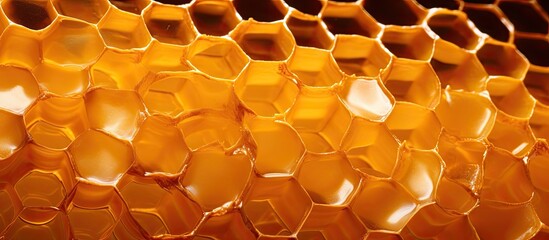 Poster - Close up of honeycombs filled with delicious golden honey creating a captivating background texture and pattern in this copy space image