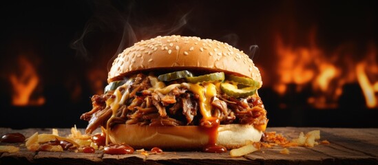 Poster - A copy space image of a mouthwatering pulled pork sandwich with melted cheese served on a rustic wooden table