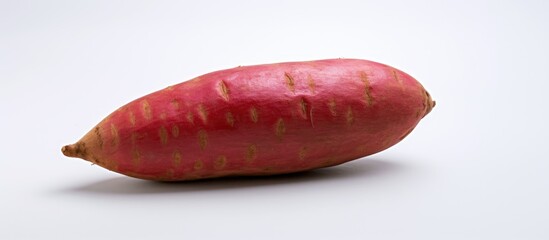 Poster - Copy space image of a vibrant red sweet potato against a white backdrop
