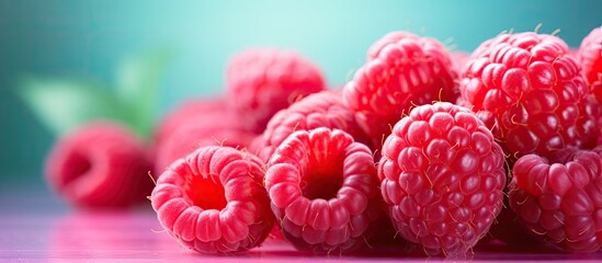 Fototapete - Close up of fresh juicy raspberries against a bright background providing ample copy space for an image