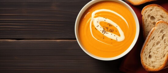 Wall Mural - A top view image of a bowl containing dietary pumpkin cream soup with toast bread providing a free copy space