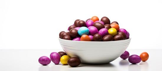 Sticker - A bowl filled with Easter chocolate eggs placed on a white backdrop creating a perfect copy space image