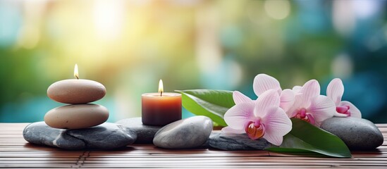 Poster - Colorful background enhances the composition of the spa treatment on the table creating a captivating copy space image