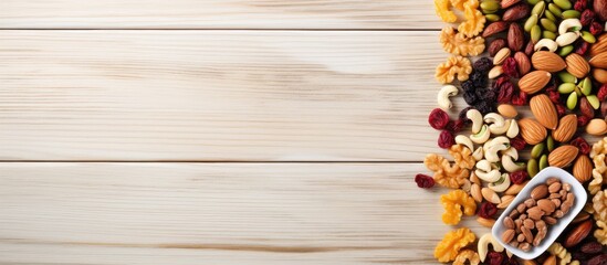 Poster - Copy space image of dry fruits and nuts packaged on a white wooden background