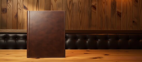 Aufkleber - A diary with a brown cover is placed on a wooden desk providing a background with empty space for an image. Creative banner. Copyspace image