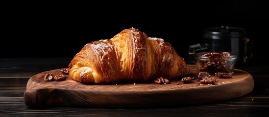 Poster - A walnut croissant is placed on a wooden table in a homemade bakery The background is black providing a perfect copy space image