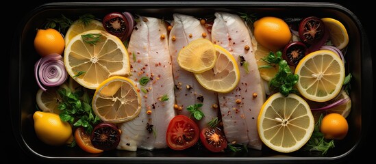 Aufkleber - A top down view of a baking dish containing raw fish vegetables and lemon on a black wooden table The image provides space for text. Creative banner. Copyspace image
