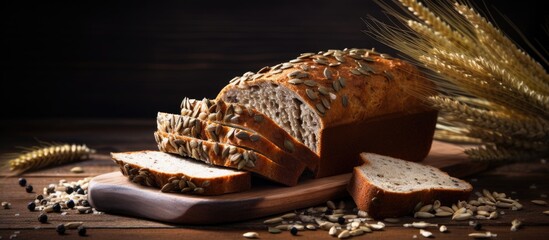Poster - A copy space image of sliced brown bread with seeds is displayed on a rustic wooden background creating a fresh and wholesome atmosphere
