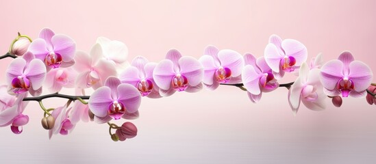 Poster - A beautiful display of pink orchid flowers in full bloom set against a creamy background with plenty of copy space for added versatility