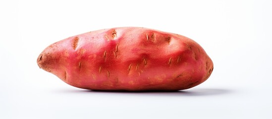 Poster - Copy space image of a vibrant red sweet potato against a white backdrop