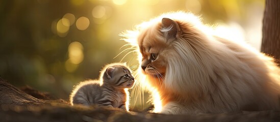 Poster - A beautiful European Persian cat plays with a playful puppy in this charming image leaving plenty of copy space