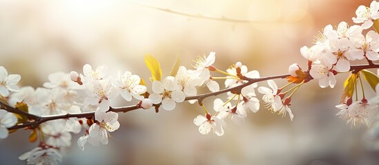 Poster - A beautiful spring background with numerous blooming cherry twigs creating a picturesque scene in nature Copy space image