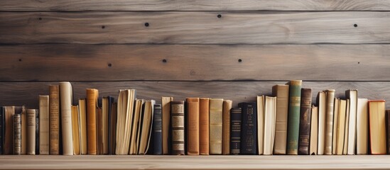 Sticker - Books on a wooden shelf with a clean copy space image